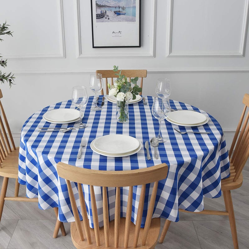 maxmill Round Checkered Tablecloth Spillproof Wrinkle Free Heavy Weight Gingham Table Cloth for Circular Table Cover Buffalo Plaid for Buffet Banquet Parties Holiday Dinner 70 Inch Blue and White - Image 2